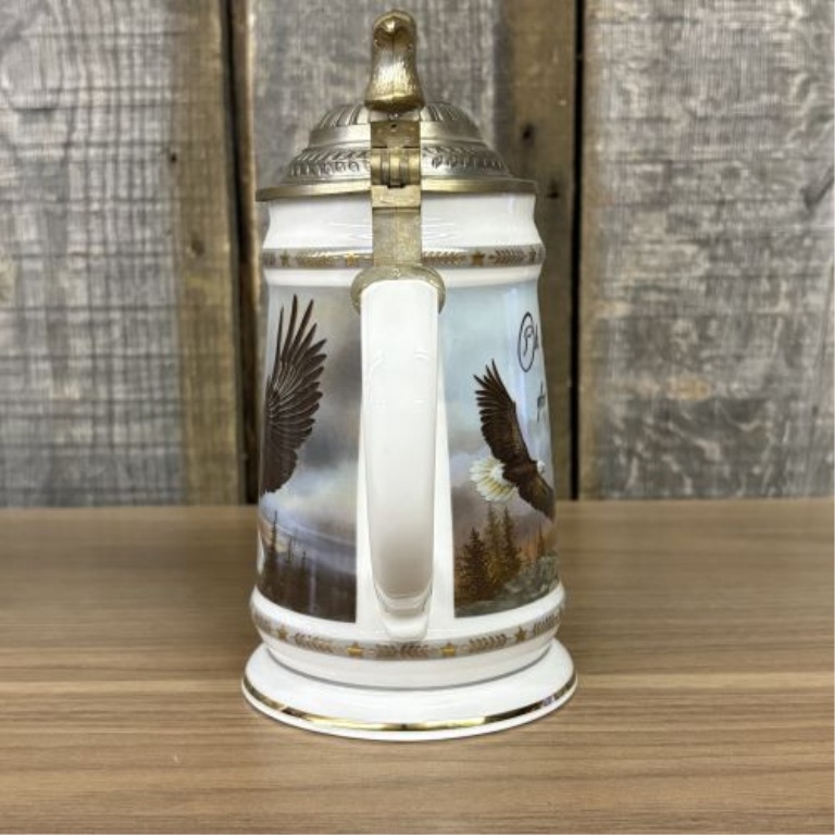Two Bald Eagle Motif Lidded Beer Steins Including America the Beautiful Series