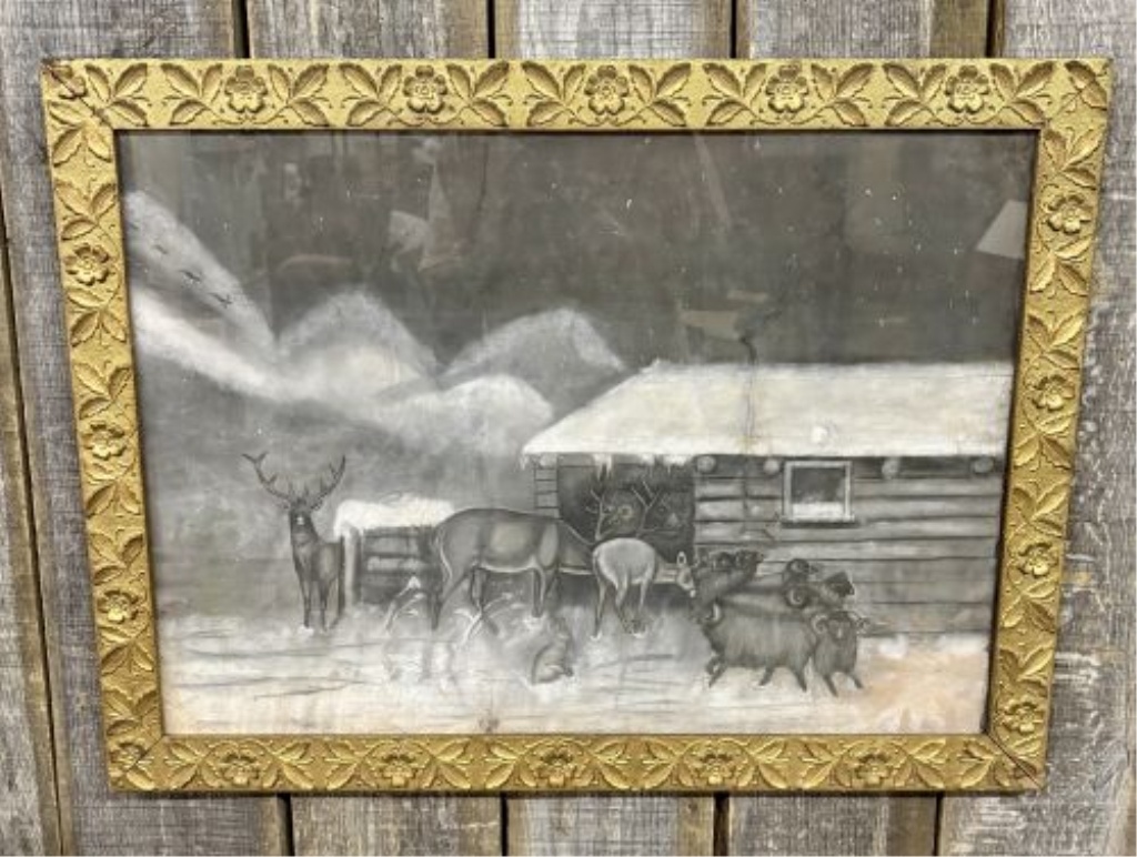 Naive Folk Art Nocturnal Winter Landscape, Charcoal and Chalk on Paper