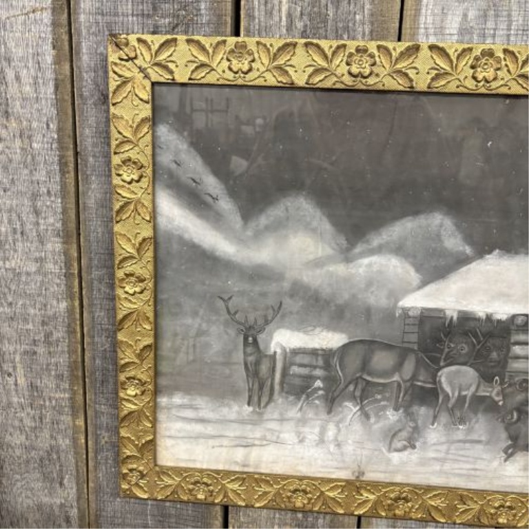 Naive Folk Art Nocturnal Winter Landscape, Charcoal and Chalk on Paper