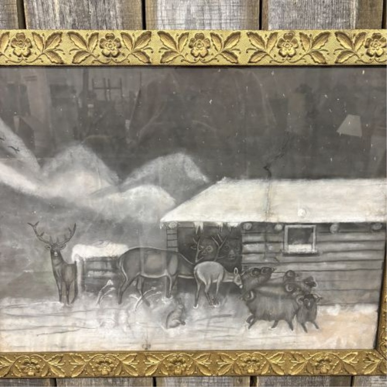 Naive Folk Art Nocturnal Winter Landscape, Charcoal and Chalk on Paper