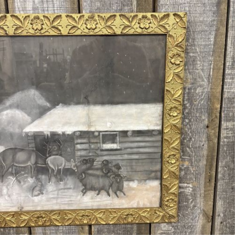 Naive Folk Art Nocturnal Winter Landscape, Charcoal and Chalk on Paper