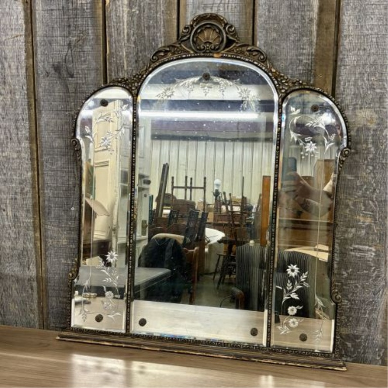 Venetian Style Etched Glass Triptych Mantel Mirror
