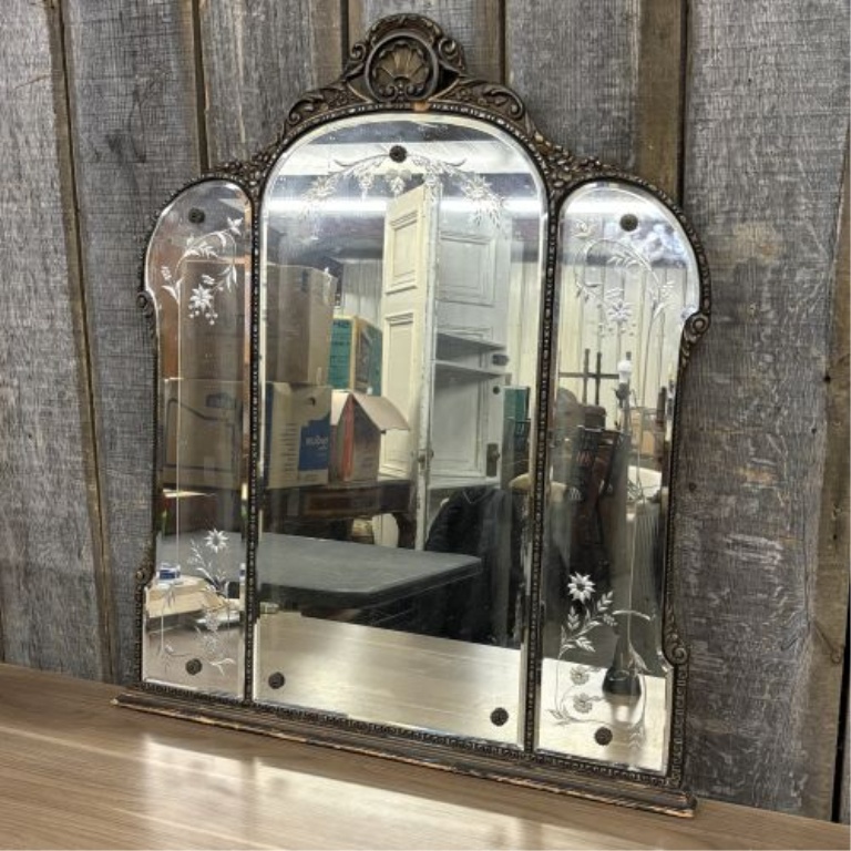Venetian Style Etched Glass Triptych Mantel Mirror