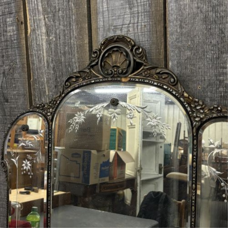 Venetian Style Etched Glass Triptych Mantel Mirror