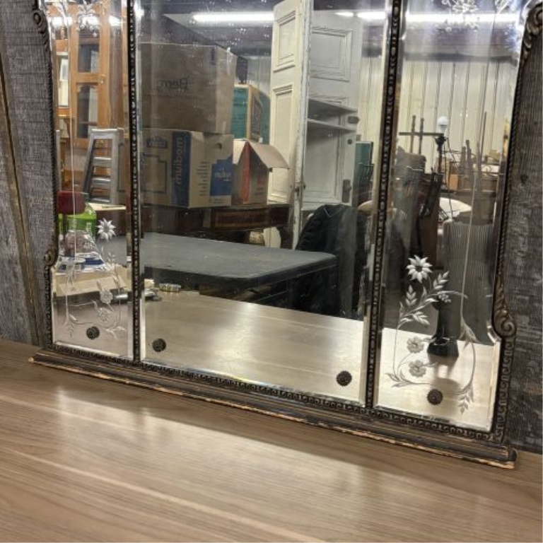 Venetian Style Etched Glass Triptych Mantel Mirror