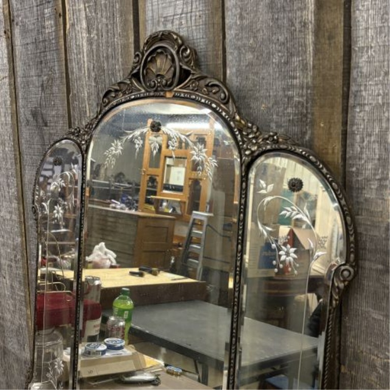 Venetian Style Etched Glass Triptych Mantel Mirror