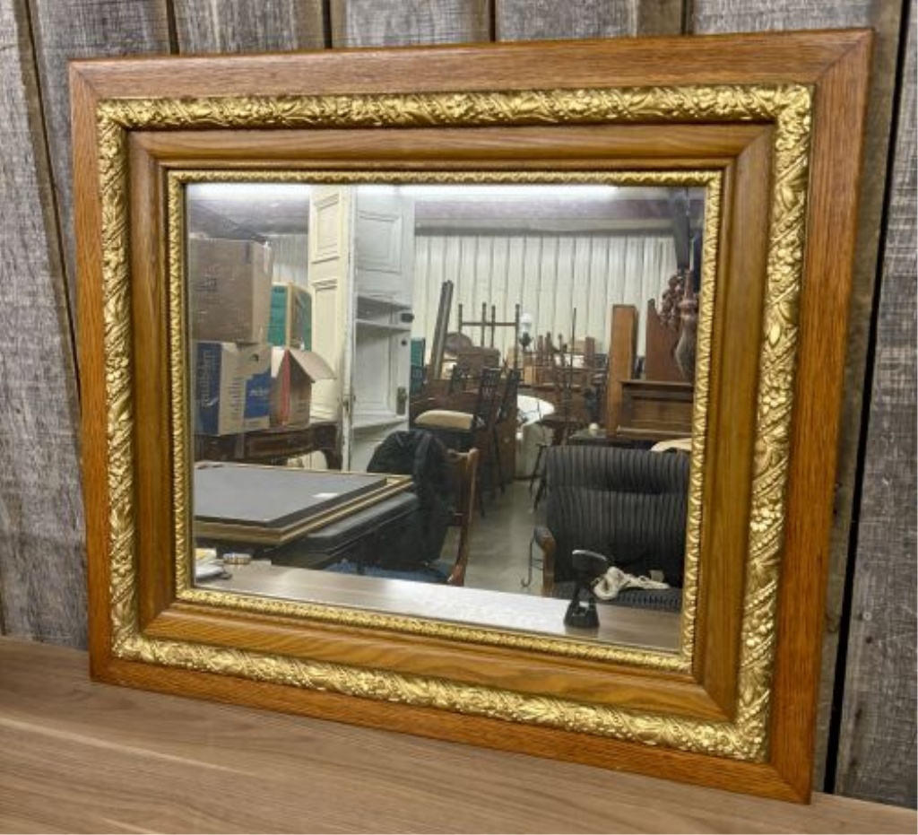 Antique Oak and Gilt Composition Rectangular Wall Mirror
