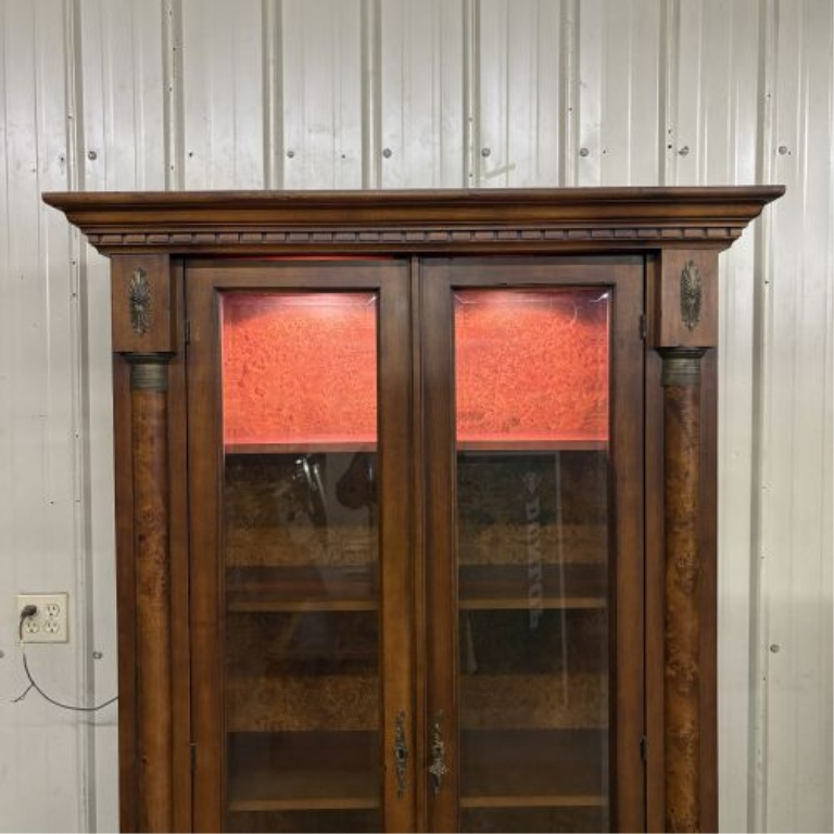 Italian Neoclassical Style Lighted Burl Wood Display Cabinet
