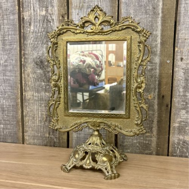Antique Rococo Revival Style Cast Brass Tabletop Vanity Mirror