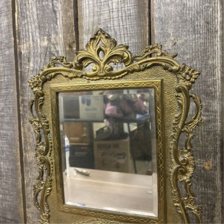 Antique Rococo Revival Style Cast Brass Tabletop Vanity Mirror