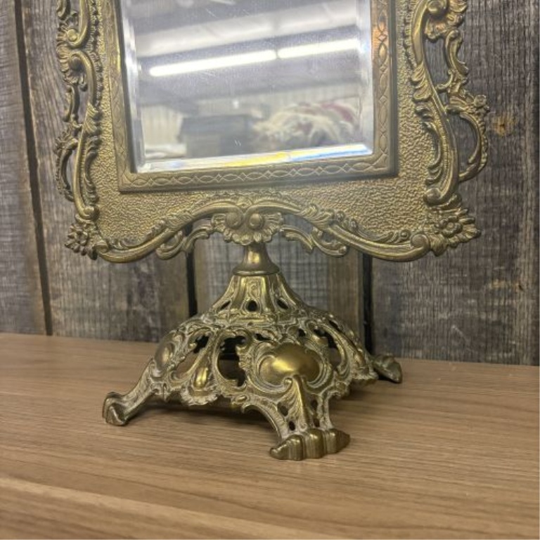 Antique Rococo Revival Style Cast Brass Tabletop Vanity Mirror