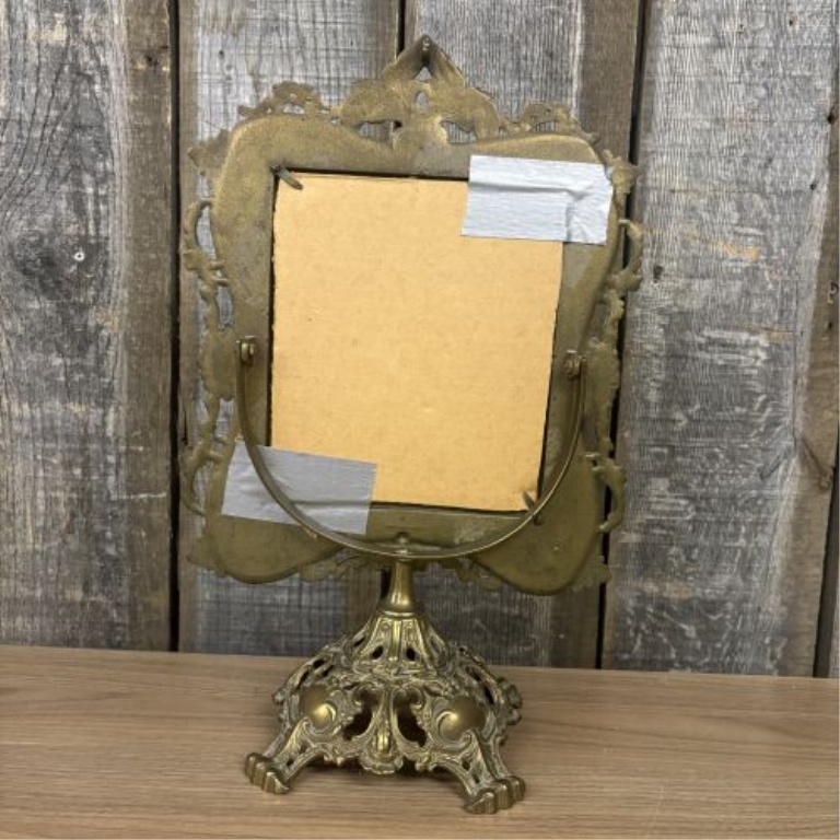 Antique Rococo Revival Style Cast Brass Tabletop Vanity Mirror