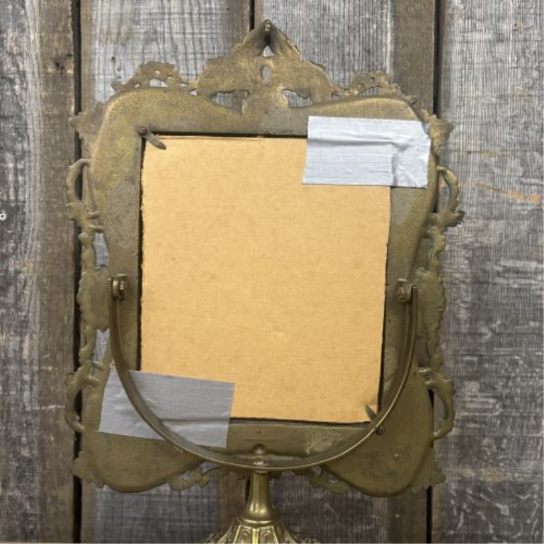 Antique Rococo Revival Style Cast Brass Tabletop Vanity Mirror