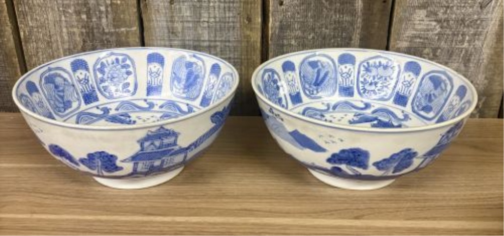 A Pair of Chinese Blue and White Export Style Porcelain Landscape Bowls