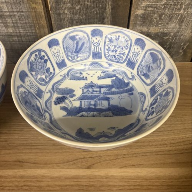 A Pair of Chinese Blue and White Export Style Porcelain Landscape Bowls