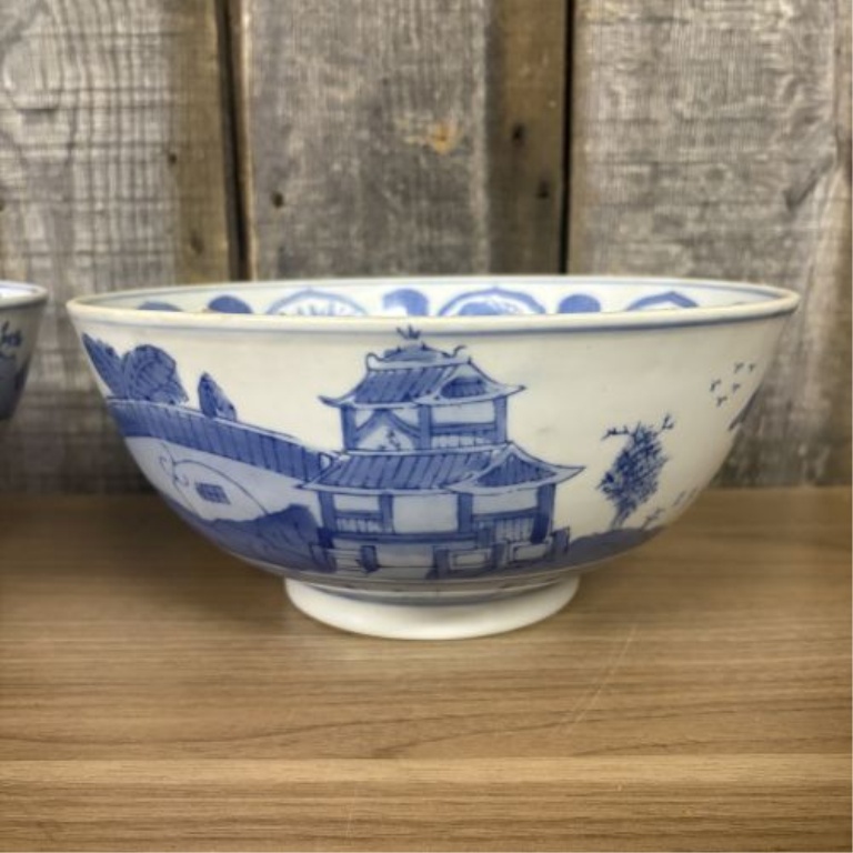 A Pair of Chinese Blue and White Export Style Porcelain Landscape Bowls