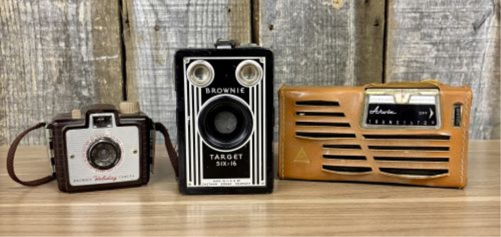 A Trio of Vintage Items Including Kodak Brownie Target Six-16 Camera Kodak Brownie Holiday Camera and Arvin Transistor Radio