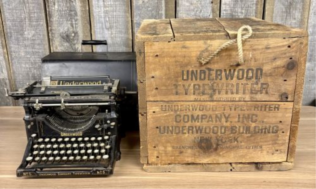 Antique Underwood No. 5 Standard Typewriter with Original Metal Cover and Branded Wooden Shipping Crate
