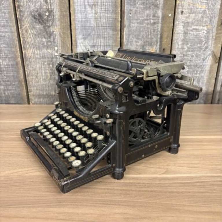 Antique Underwood No. 5 Standard Typewriter with Original Metal Cover and Branded Wooden Shipping Crate