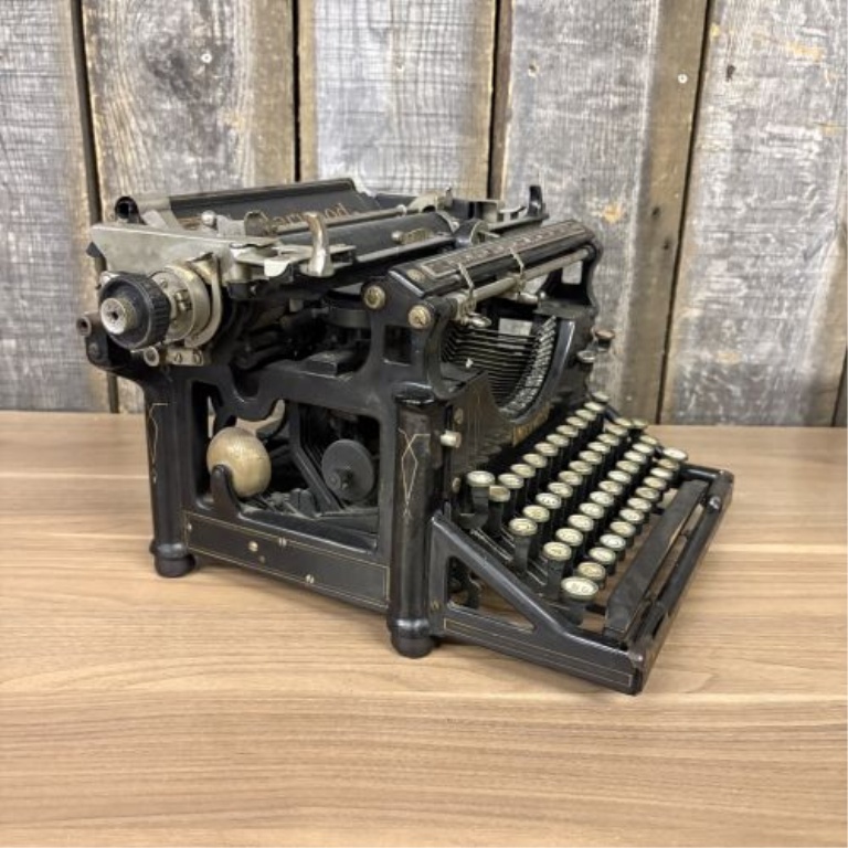 Antique Underwood No. 5 Standard Typewriter with Original Metal Cover and Branded Wooden Shipping Crate