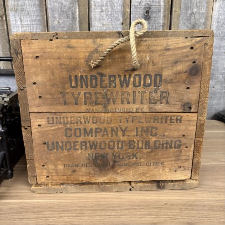 Antique Underwood No. 5 Standard Typewriter with Original Metal Cover and Branded Wooden Shipping Crate