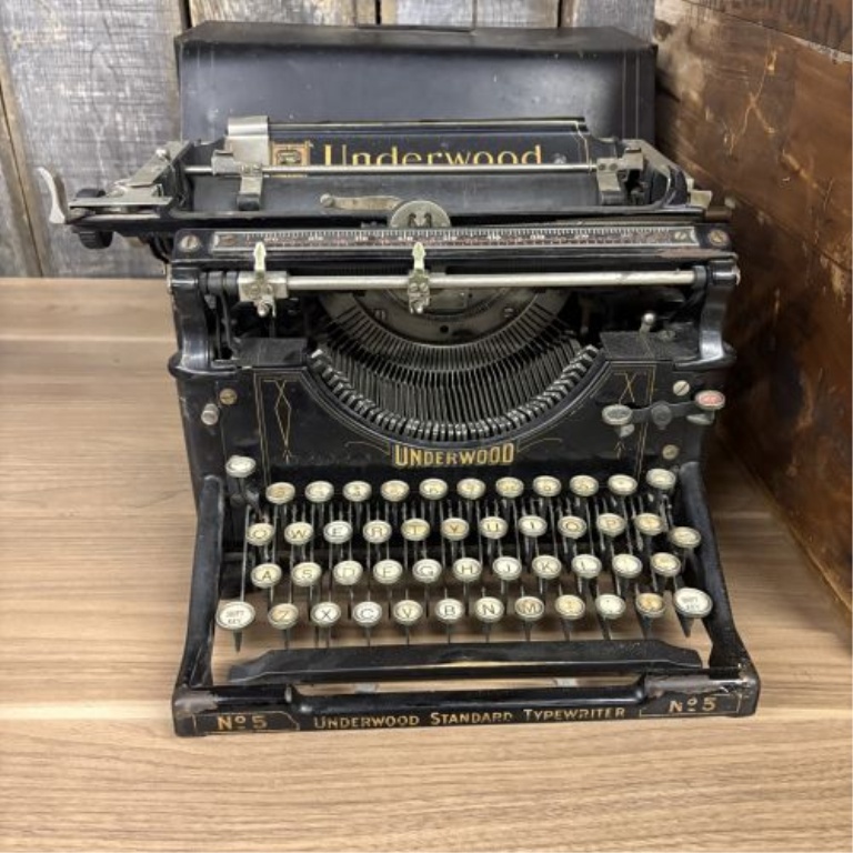 Antique Underwood No. 5 Standard Typewriter with Original Metal Cover and Branded Wooden Shipping Crate