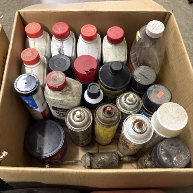 An Assortment of Automotive Maintenance Supplies, Lubricants, and Workshop Accessories