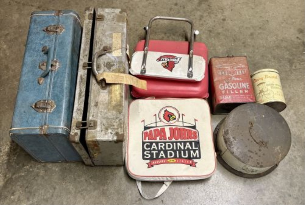 An Assortment of Vintage Luggage, University of Louisville Sports Memorabilia, and Advertising Tins