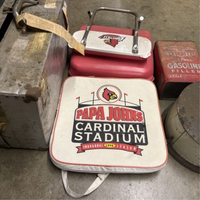 An Assortment of Vintage Luggage, University of Louisville Sports Memorabilia, and Advertising Tins