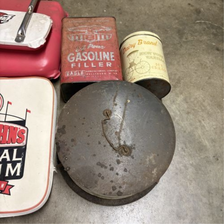 An Assortment of Vintage Luggage, University of Louisville Sports Memorabilia, and Advertising Tins