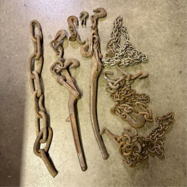 An Assortment of Dixie Industries Lever-Action Load Binders and Industrial Heavy-Duty Chains