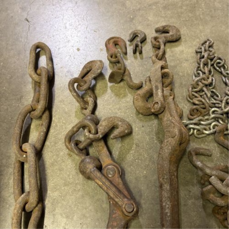 An Assortment of Dixie Industries Lever-Action Load Binders and Industrial Heavy-Duty Chains