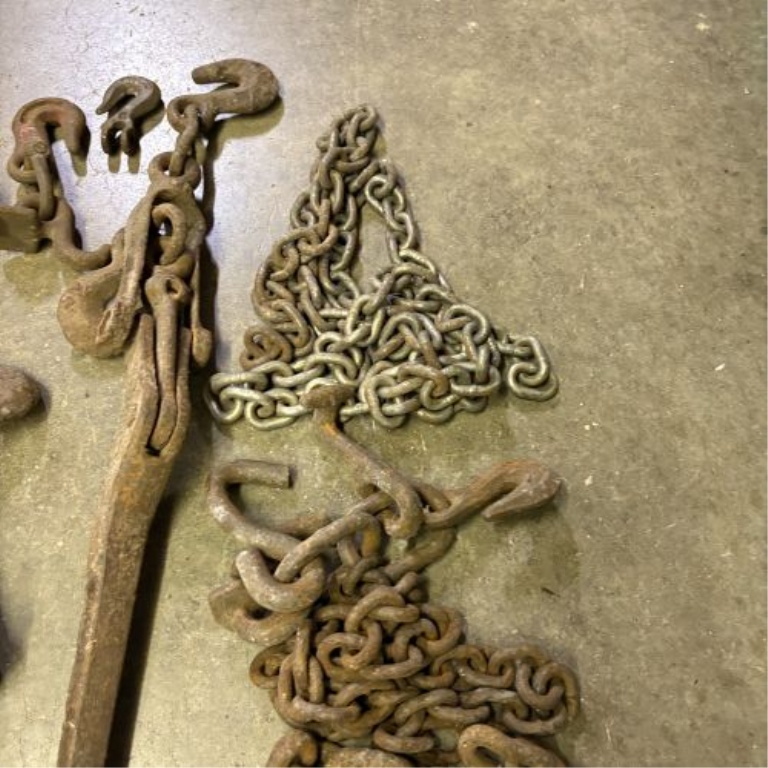 An Assortment of Dixie Industries Lever-Action Load Binders and Industrial Heavy-Duty Chains