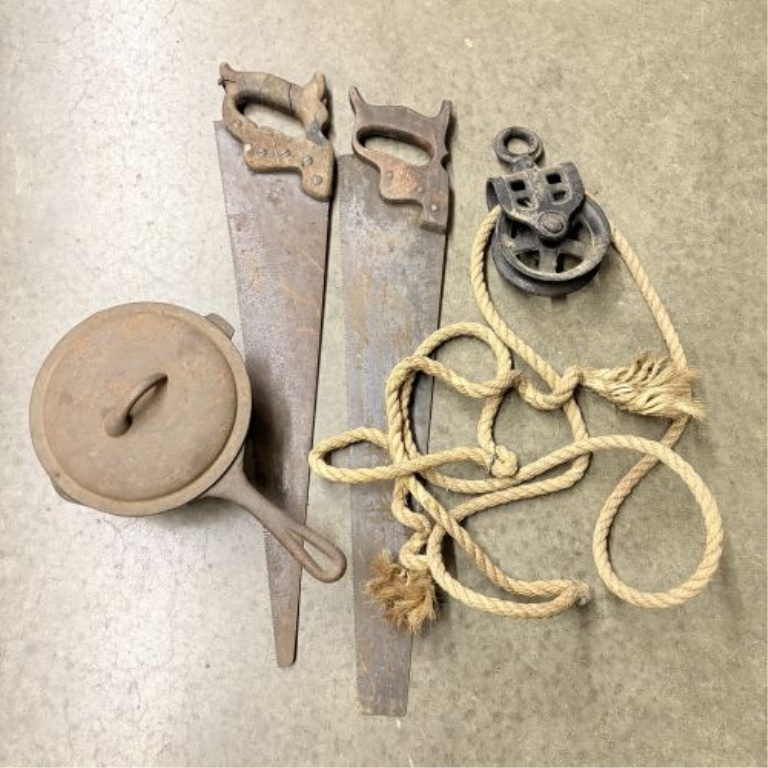 A Collection of Antique and Vintage Utilitarian Items Including Hand Saws and Cast Iron Hardware