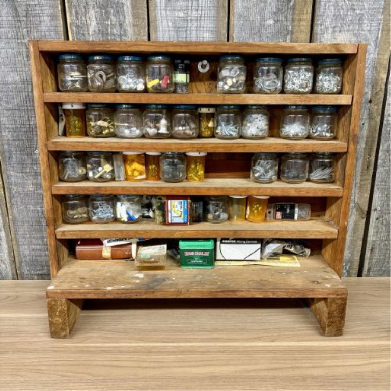 Vintage Hand-Built Wooden Hardware Storage Rack with Assorted Vintage Containers and Hardware