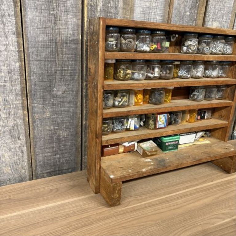 Vintage Hand-Built Wooden Hardware Storage Rack with Assorted Vintage Containers and Hardware