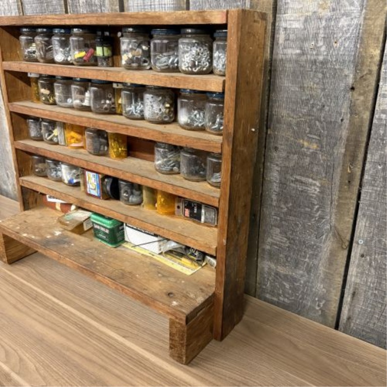 Vintage Hand-Built Wooden Hardware Storage Rack with Assorted Vintage Containers and Hardware