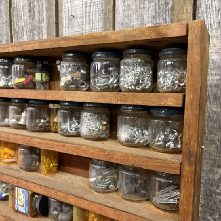 Vintage Hand-Built Wooden Hardware Storage Rack with Assorted Vintage Containers and Hardware