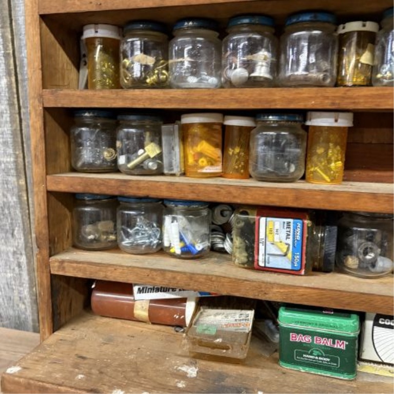 Vintage Hand-Built Wooden Hardware Storage Rack with Assorted Vintage Containers and Hardware