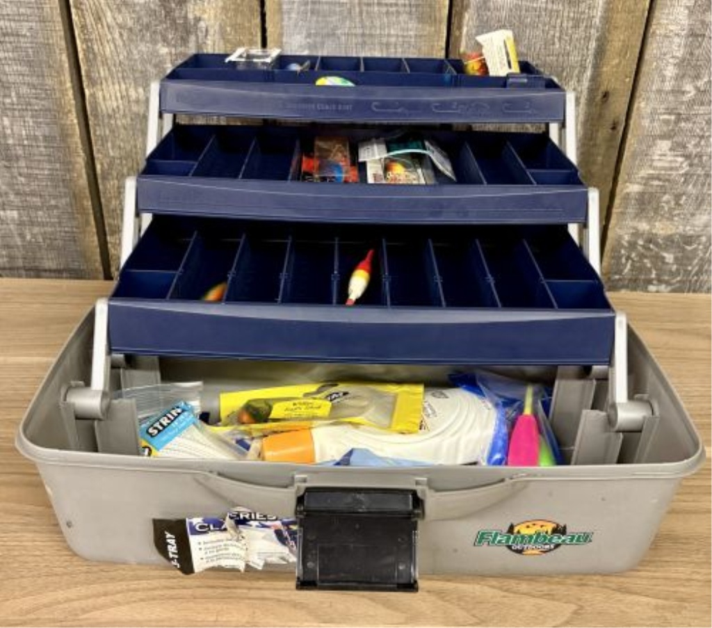 Flambeau Outdoors Three-Tray Plastic Fishing Tackle Box with Assorted Lures and Accessories