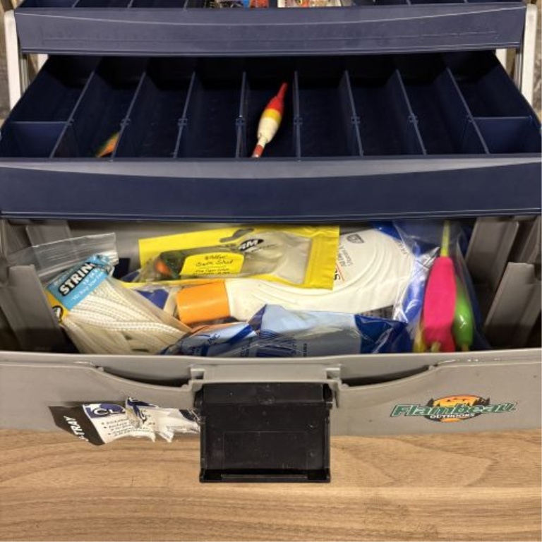 Flambeau Outdoors Three-Tray Plastic Fishing Tackle Box with Assorted Lures and Accessories