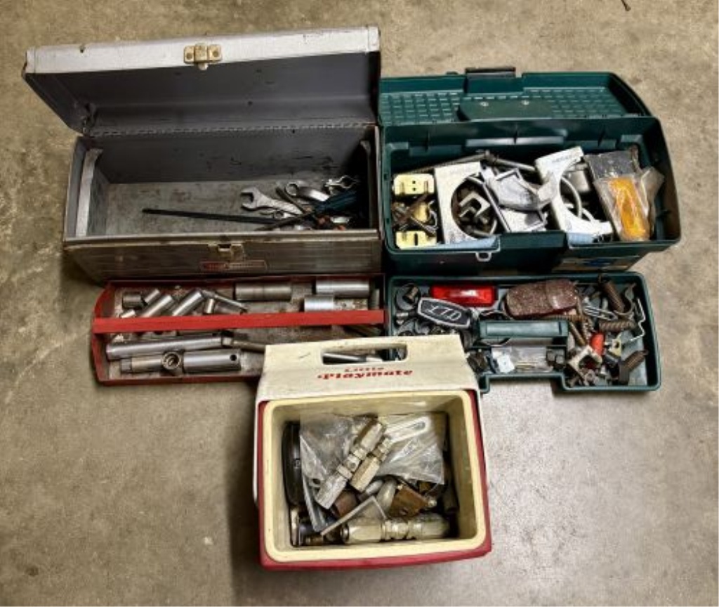 A Trio of Containers with an Assortment of Vintage Tools and Automotive Hardware including Craftsman and Ford