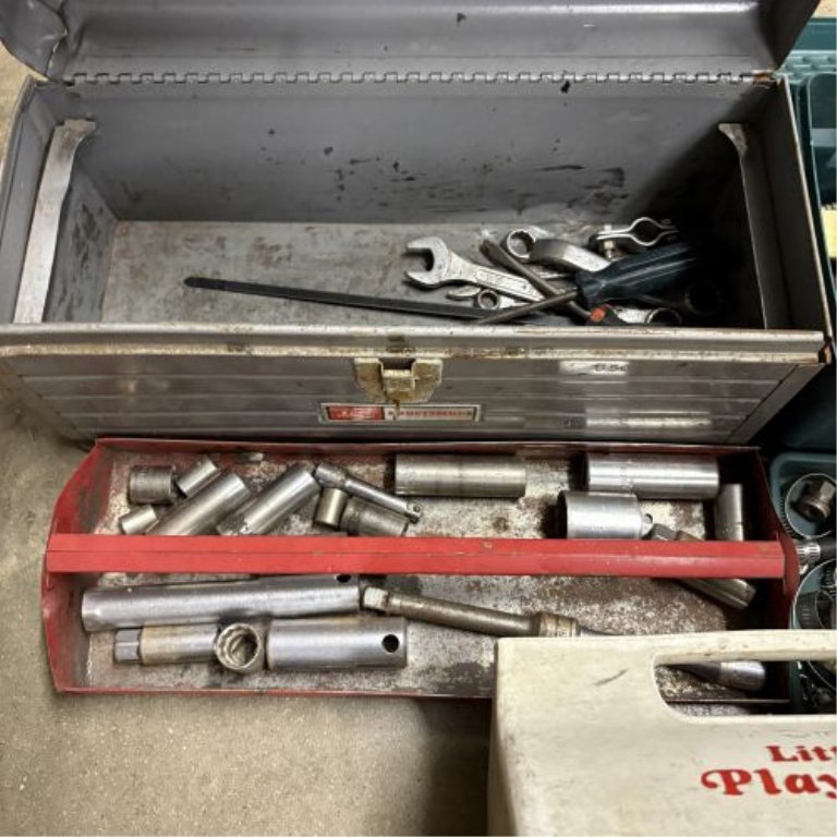 A Trio of Containers with an Assortment of Vintage Tools and Automotive Hardware including Craftsman and Ford