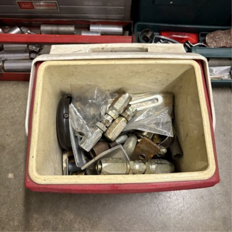A Trio of Containers with an Assortment of Vintage Tools and Automotive Hardware including Craftsman and Ford