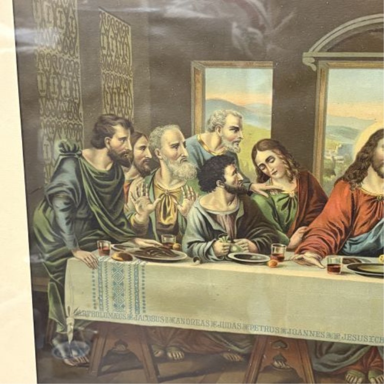 Framed Chromolithograph of The Last Supper with Named Apostles