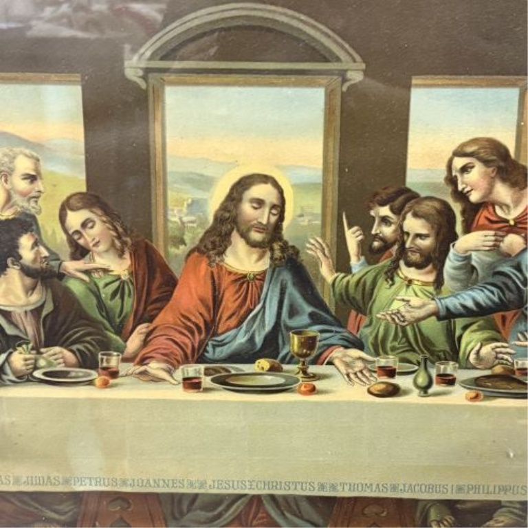 Framed Chromolithograph of The Last Supper with Named Apostles