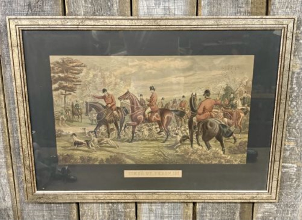 Large English Fox Hunting Scene Lithograph, Time's Up. Throw In!