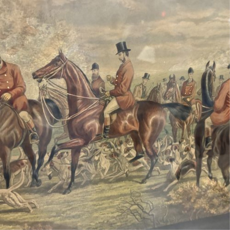 Large English Fox Hunting Scene Lithograph, Time's Up. Throw In!