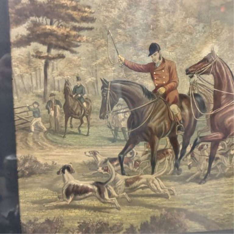 Large English Fox Hunting Scene Lithograph, Time's Up. Throw In!