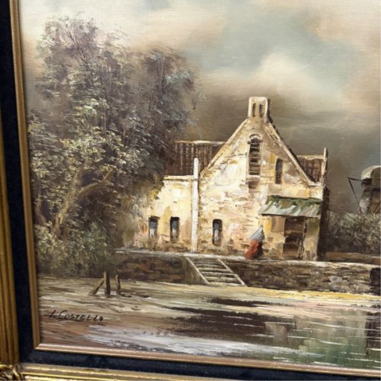 L. Costello, European Coastal Landscape with Windmill, Oil on Canvas
